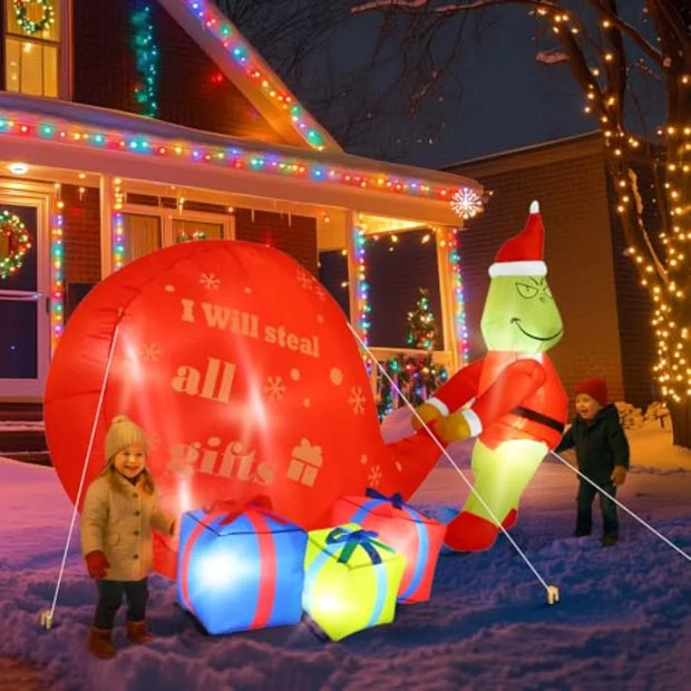 Christmas Green Big Monster Inflatable Decorations 5.5FT Lighted Up Outdoor Inflatable Decor with Builtin 8 LED Lights for Gard