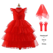 Lydia Deetz Costume For Girl Red Weeding Dress Halloween Beetlejuice Child Up Party Tunic+Headscarf+Glove Set Frock