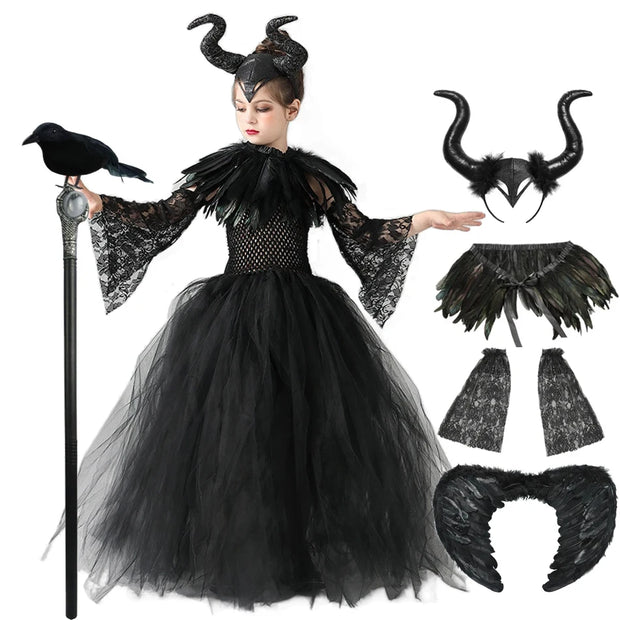 Halloween Maleficents Costume for Girls Evil Queen Dress Up Costumes Witch Devil Black Tulle Mesh Princess Dress Cosplay Clothes