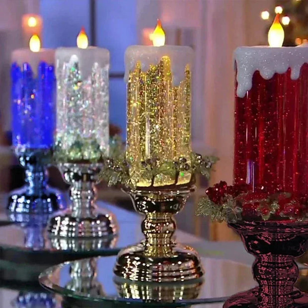 2025 New LED Christmas Candle LED Flameless Candle Light Swirling Glitter Colorful Fantasy Crystal Night Lights Xmas Party Home