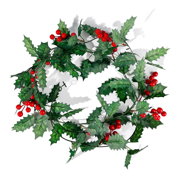 Christmas Wreath with Red Berries Green Leaf Hanging Garland Vine Artificial Flower Leaves String for Xmas New year Decoration