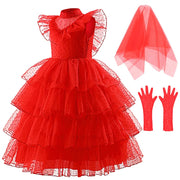 Halloween Lydia Deetz Dresses Child Beetle Juice Lydia Costume Gothic Girls Christmas Party Luxurious Red Lace Dress