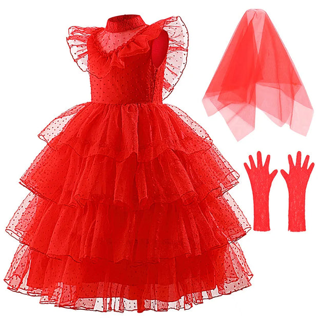 Halloween Lydia Deetz Dresses Child Beetle Juice Lydia Costume Gothic Girls Christmas Party Luxurious Red Lace Dress