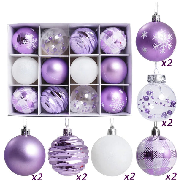 6cm 12/16pcs Christmas Ball Ornaments Printed Purple Red Christmas Tree Party Decoration New Year Christmas Spheres Pendant 2025