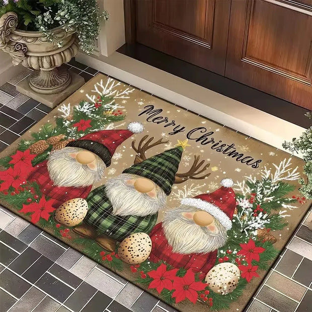 Christmas Gnome Door Mat Plaid Pattern Welcome Rug Festive Home Decor Mat Waterproof Non Slip Floor Protector for Xmas Entrance