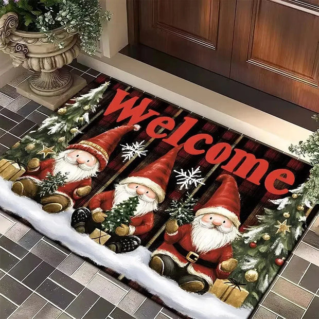 Christmas Gnome Door Mat Plaid Pattern Welcome Rug Festive Home Decor Mat Waterproof Non Slip Floor Protector for Xmas Entrance