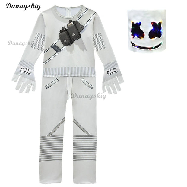 Fortnites DJ Marshmello Cosplay Halloween Costume with Boys Girls 842 Jumpsuit Carnival Party Electric Syllables Bodysuit