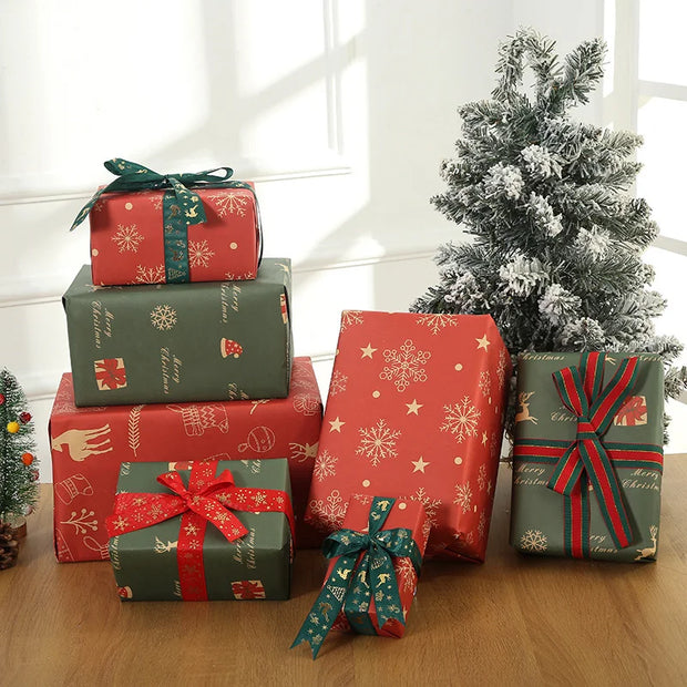 1/6pcs Christmas Wrapping Paper Vintage Kraft Paper Christmas Tree Snowflake Pattern Gift Wrapping Paper Bouquet Wrapping Paper