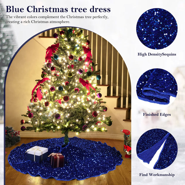 47.5in Christmas Tree Skirt Blue Christmas Tree Skirt Round Xmas Tree Skirt Decorations Exquisite Shiny Tree Skirt Party Favors