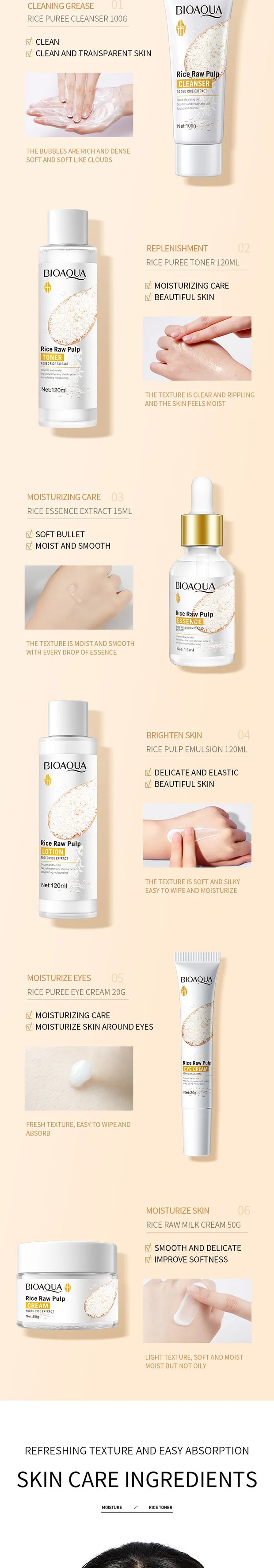 BIOAOUA Rice Protoplasm Grape Skincare Set Face Serum Cream Hydrating Moisturizing Cleanser Toner Anti Age Face Care Set