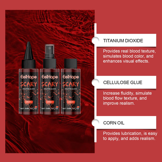 Halloween Fake Blood Makeup Kit Blood Drop Vampire Zombie Cosplay Washable Mock Blood Fake Blood Spray For Party Horror Red Tool