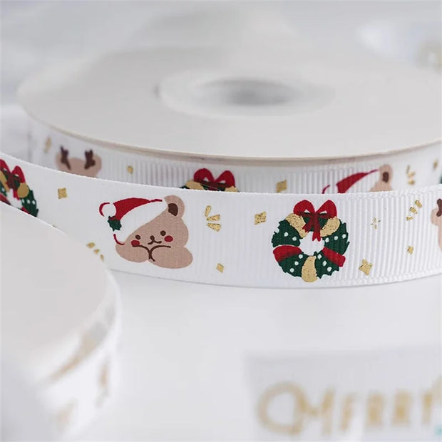 New 10/15/25mm 15 Meters Christmas Ribbon Printed Grosgrain Ribbon Tape For Handmade Design Christmas Decoration Gift Packing