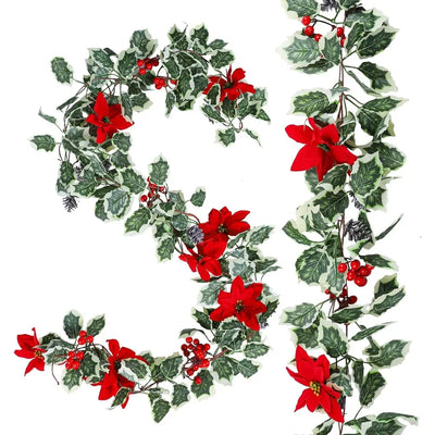 15.7Ft Christmas Artificial Garlands with Red Poinsettias Berries Holly Leaves and Snowy Pine Cones Faux Vine Hanging Garlands f