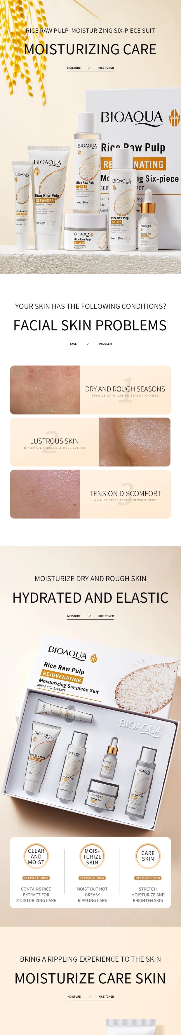 BIOAOUA Rice Protoplasm Grape Skincare Set Face Serum Cream Hydrating Moisturizing Cleanser Toner Anti Age Face Care Set