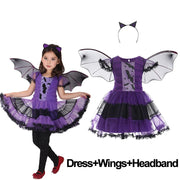 Girls Purple Bat Dress Kids Fancy Cosplay Vampire Demon Costume With Wing Headwear Halloween Carnivat Witch Role Play Clothes