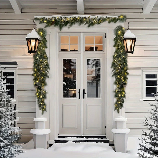 Pre-Lit Greenery Pine Cone Christmas Garland Flocked and Warm White Led Lights, Front Door Christmas Wreath, Teardrop