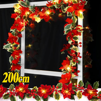 Artificial Poinsettia Garland Christmas Ornaments Flower String Light Holly Berry Green Leaf Vine for Xmas Tree Table Decoration