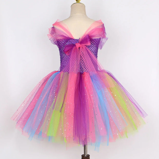Girls Butterfly Fairy Tutu Dress with Wings Set Glitter Girls Rainbow Tulle Princess Dress Kids Halloween Birthday Party Costume