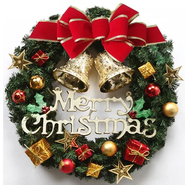 Artificial Merry Christmas Wreath with Bow Christmas Door Hanging Rattan Ornament Garland Christmas Suitable for Home Decoration