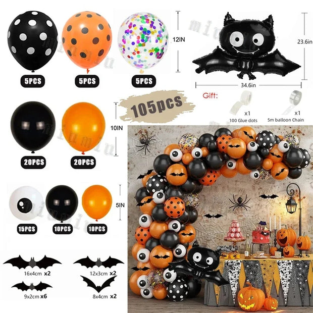 Halloween Bat Balloon Garland Arch Kit Black Orange Ballon 3D Bat Spider Sticker Eye Pumpkin Halloween Party Decoration Supplies