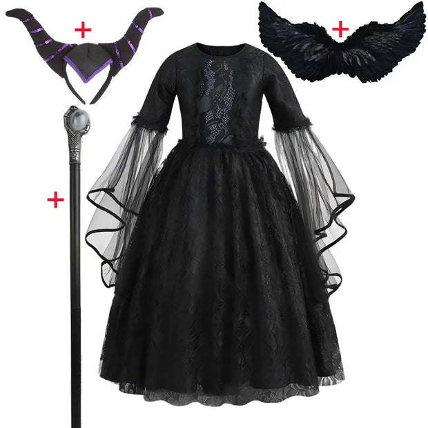 Disney Villain Role Playing Maleficent Costume Girl Halloween Evil Queen Lace Dress Deluxe Maleficent Cosplay Apparel Vestidos