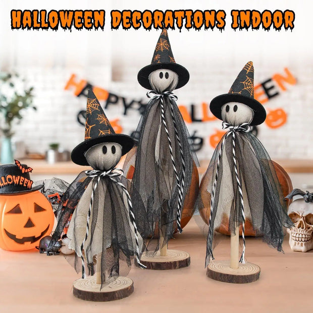 3pcs Halloween Ghost Decor  Halloween Ghost Figurine Wooden Rustic Sculpture 2025 Home Tabletop Party Supplies