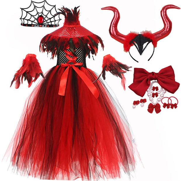 2025 Halloween Vampire Costume for Girls Devil Witch Gothic Mesh Clothes Demon Vampires Queen Cosplay Carnival Party Dress Set