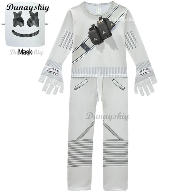 Fortnites DJ Marshmello Cosplay Halloween Costume with Boys Girls 842 Jumpsuit Carnival Party Electric Syllables Bodysuit