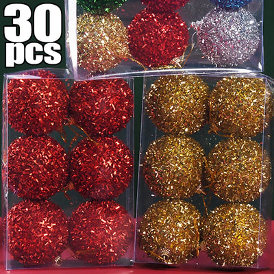 30/6pcs Sparkling Red Gold Glitter Christmas Ball for Xmas Tree Ornaments 6cm Color Ribbons Warpping Xmas Balls Party Home Decor