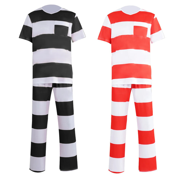 Mens Prisoner Costume Uniform Halloween Guilty Prisoner Sets handcuffs Striped Top Pants Jail Party Cosplay Costumes for Adult