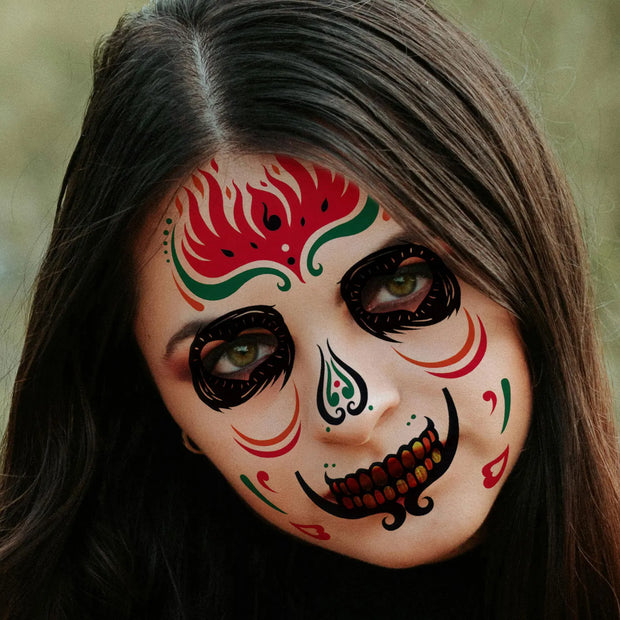 6Sheets Day of the Dead Sugar Skull Temporary Face Tattoos, Halloween Themed Fake Tattoo Stickers with Spider Web Designs