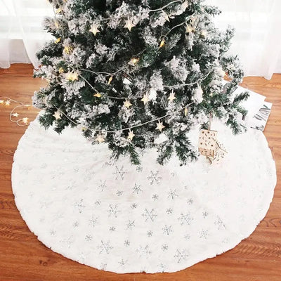 Luxury Faux Fur Christmas Tree Skirt Snowflake White Plush Mat Holiday Decor For Xmas New Year Home Ornament