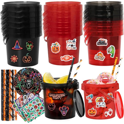 20pcs halloween candy bucket, trick or treat baskets for kids, 32oz ice buckets for parties with lid, contains 210pcs halloween