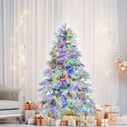 6FT Pre-Lit Spruce Snow Flocked Christmas Tree, Artificial Hinged Xmas Tree with 300 Multi-Color LED Lights, 8 Flashing Modes &7