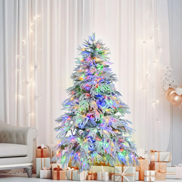 6FT Pre-Lit Spruce Snow Flocked Christmas Tree, Artificial Hinged Xmas Tree with 300 Multi-Color LED Lights, 8 Flashing Modes &7