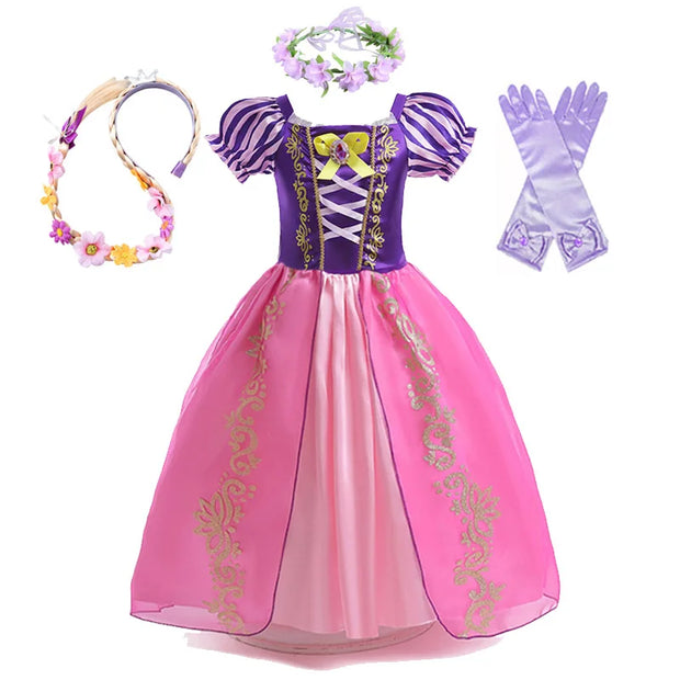 Disney Rapunzel Princess Dress Girl Purple Puff Sleeve Cosplay Tangled Costume Halloween Vestido Kids Birthday Ball Gown Clothes