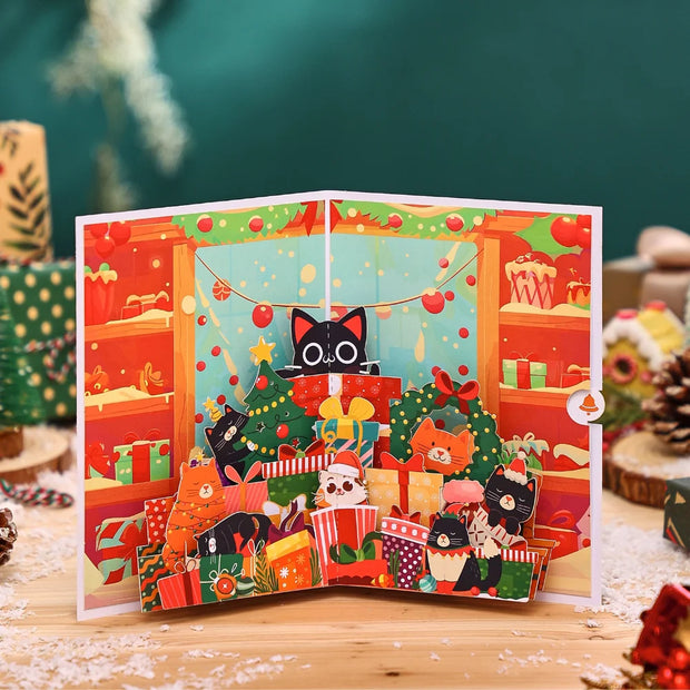 1pc Merry Christmas Pop-Up Card, Christmas Tree Woodland Reindeer Cardinal Poinsettia Greeting Card with Note Card and Envelop