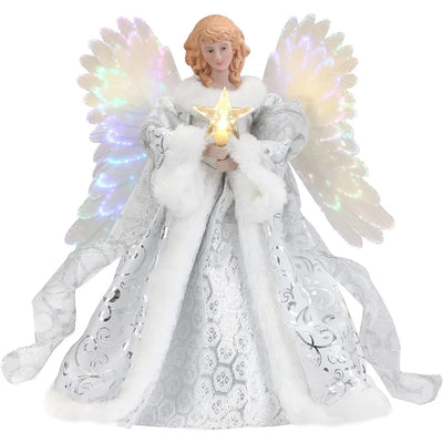 Mr. Christmas Fiber Optic White Christmas Tree Topper Angel, Christmas Decoration, Includes 10 Foot Cord, White