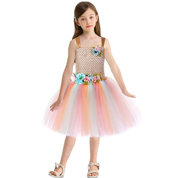 Flower Girls Fairy Tutu Dress with Wings Halloween Cosplay Butterfly Fairy Costume for Kids Birthday Party Tulle Princess Dress
