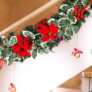 15.7Ft Christmas Artificial Garlands with Red Poinsettias Berries Holly Leaves and Snowy Pine Cones Faux Vine Hanging Garlands f