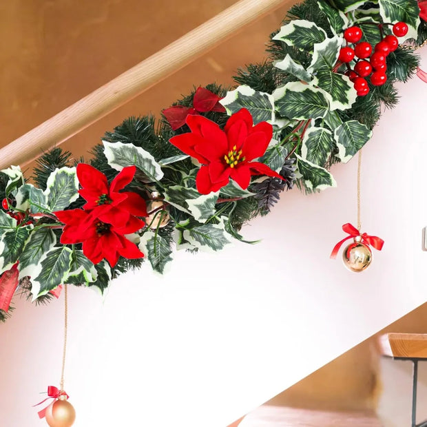 15.7Ft Christmas Artificial Garlands with Red Poinsettias Berries Holly Leaves and Snowy Pine Cones Faux Vine Hanging Garlands f