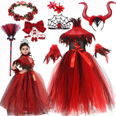 2025 Halloween Vampire Costume for Girls Devil Witch Gothic Mesh Clothes Demon Vampires Queen Cosplay Carnival Party Dress Set