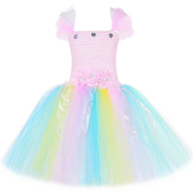 Pastel Flower Fairy Tutu Dress Costume for Girls Birthday Party Princess Dress Kids Halloween Carnival Butterfly Dress Up Outfit