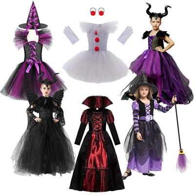 Halloween Kid Girl Cosplay Costume Maleficent Tulle Purple Black Dress Girls Vestidos Party Evil Queen Mesh Princess Dresses