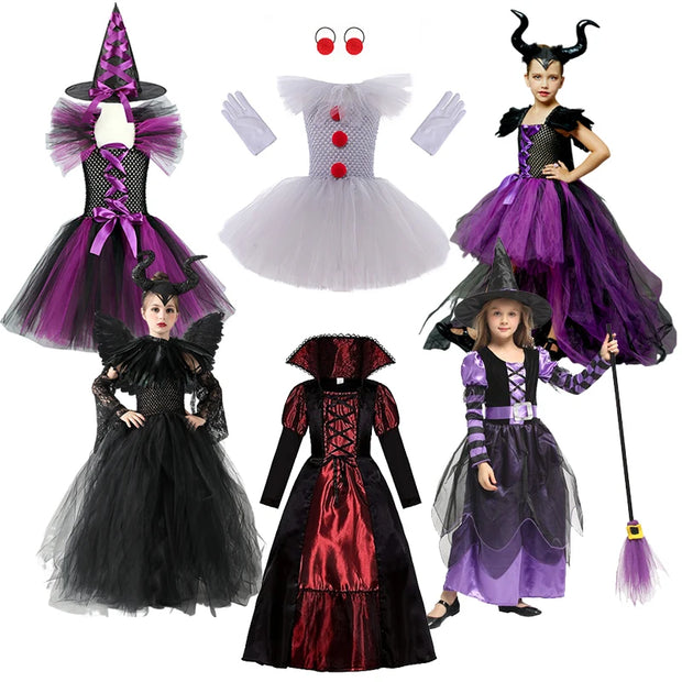 Halloween Kid Girl Cosplay Costume Maleficent Tulle Purple Black Dress Girls Vestidos Party Evil Queen Mesh Princess Dresses