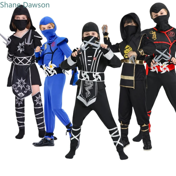 Boys Girls Ninja Cosplay Costume for Kids Anime Samurai Costume Kung Fu Dragon Ninja Jumpsuit With Weapon Outfit Party Halloween