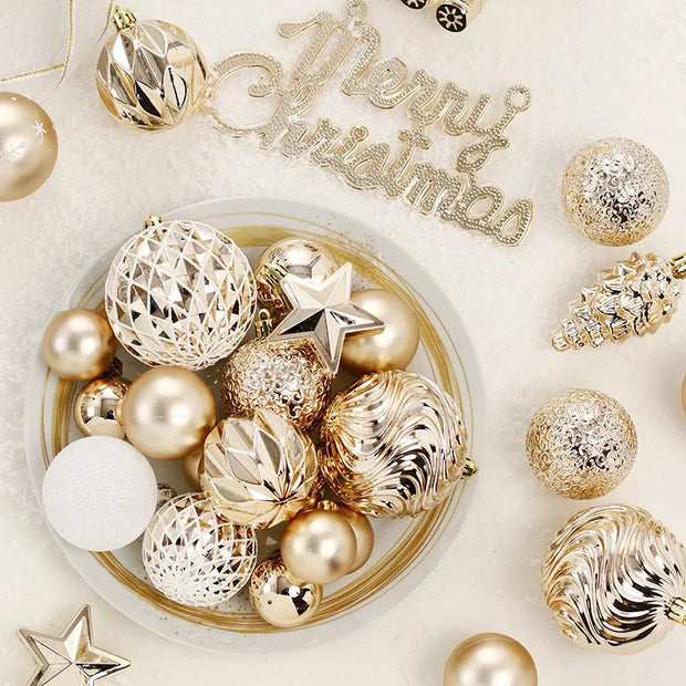 65PCS Champagne Gold Christmas Ball Decorations Matte Glossy Water Ripple Design Xmas Balls Christmas Tree DIY Decorations