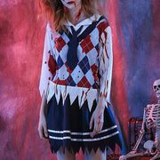 Women Halloween Costume Gothic Lace Dress with Veil and Gloves Vampire Cosplay Outfit Masquerade Party Dress