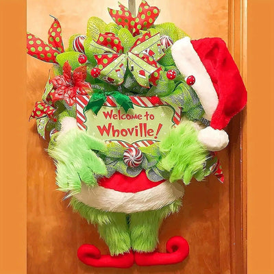 Christmas Thief Wreath for Front Door Green Elf Legs Christmas Wreath Hanging Welcome Sign Home Decoration Indoor Outdoor
