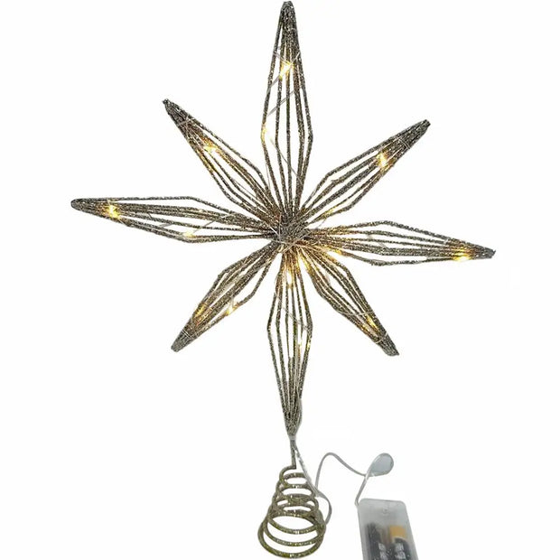 20-Lights Christmas Star Tree Topper Multi-Pointed Pre-lit Glittered Snowflake Treetop Lighted Xmas Treetop for Home Decorations
